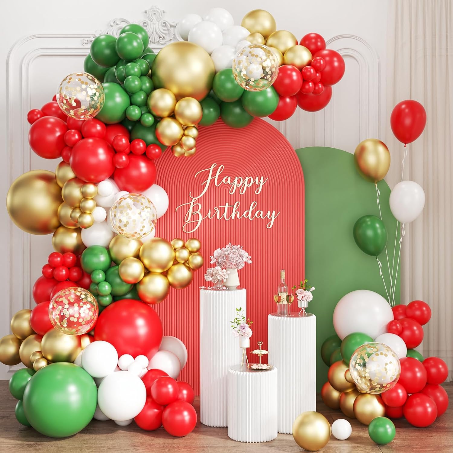 Balloon Arch Kit - Kırmızı Beyaz Yeşil ve Altın Balon