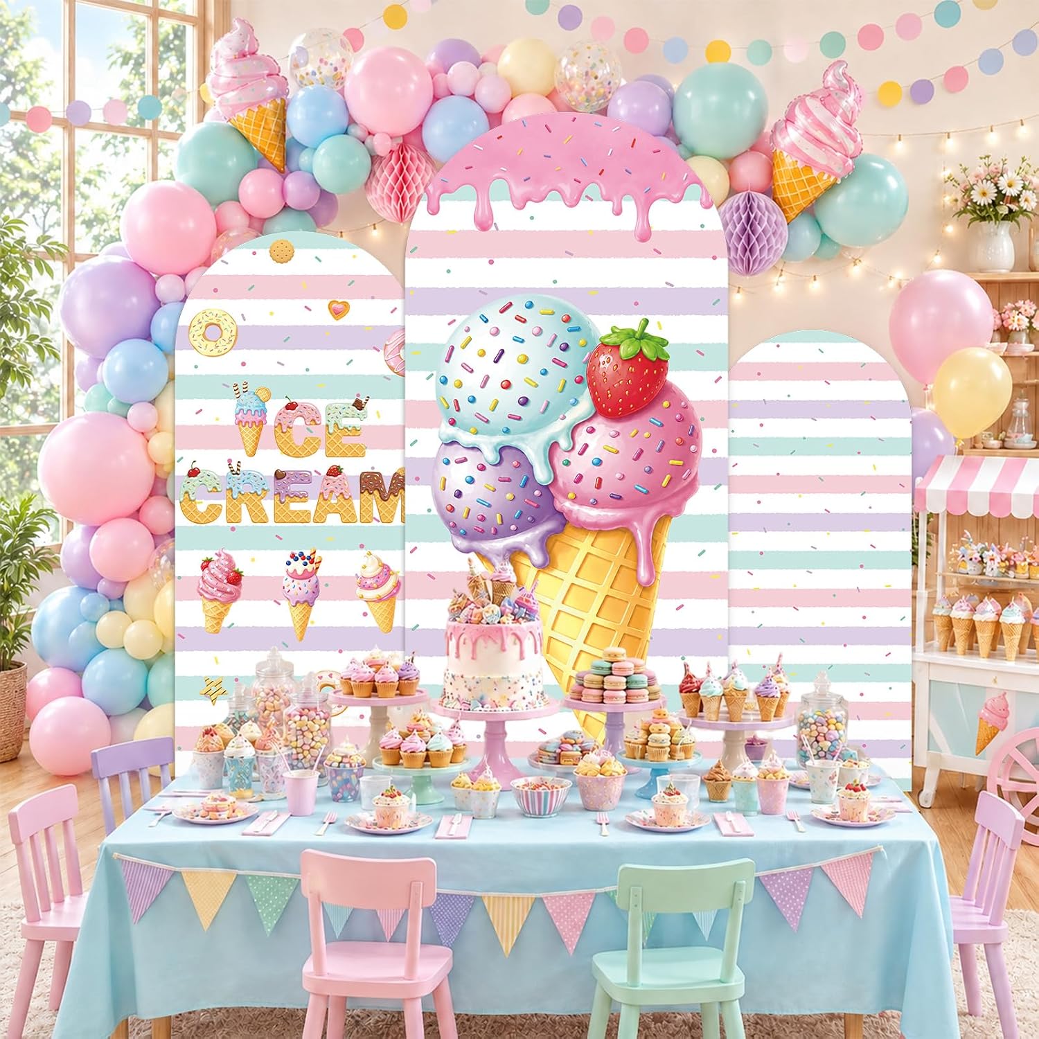 Dessert Table Backdrop - Özel Tasarım, İki Yüzlü, Çizgili, Dondurma